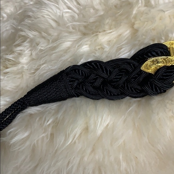 Vintage 80s Black Rope Gold Buckle Faux Pearl waist belt hook loop closure women main image 7